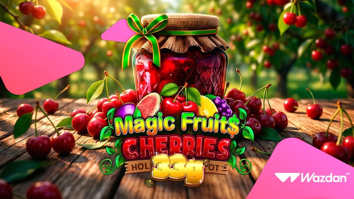 Interface do jogo Magic Fruit$: Cherries exibindo símbolos de frutas e ícones de bônus